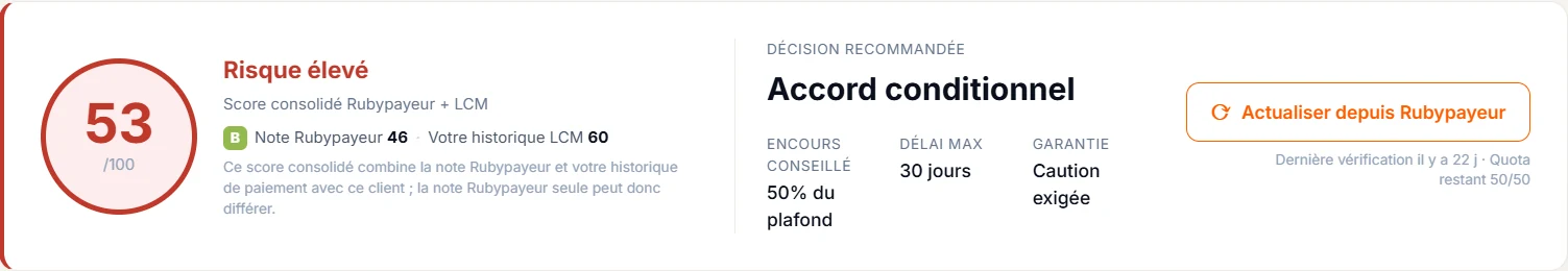 Score client consolidé sur 100 avec décision recommandée, encours conseillé et délai maximum